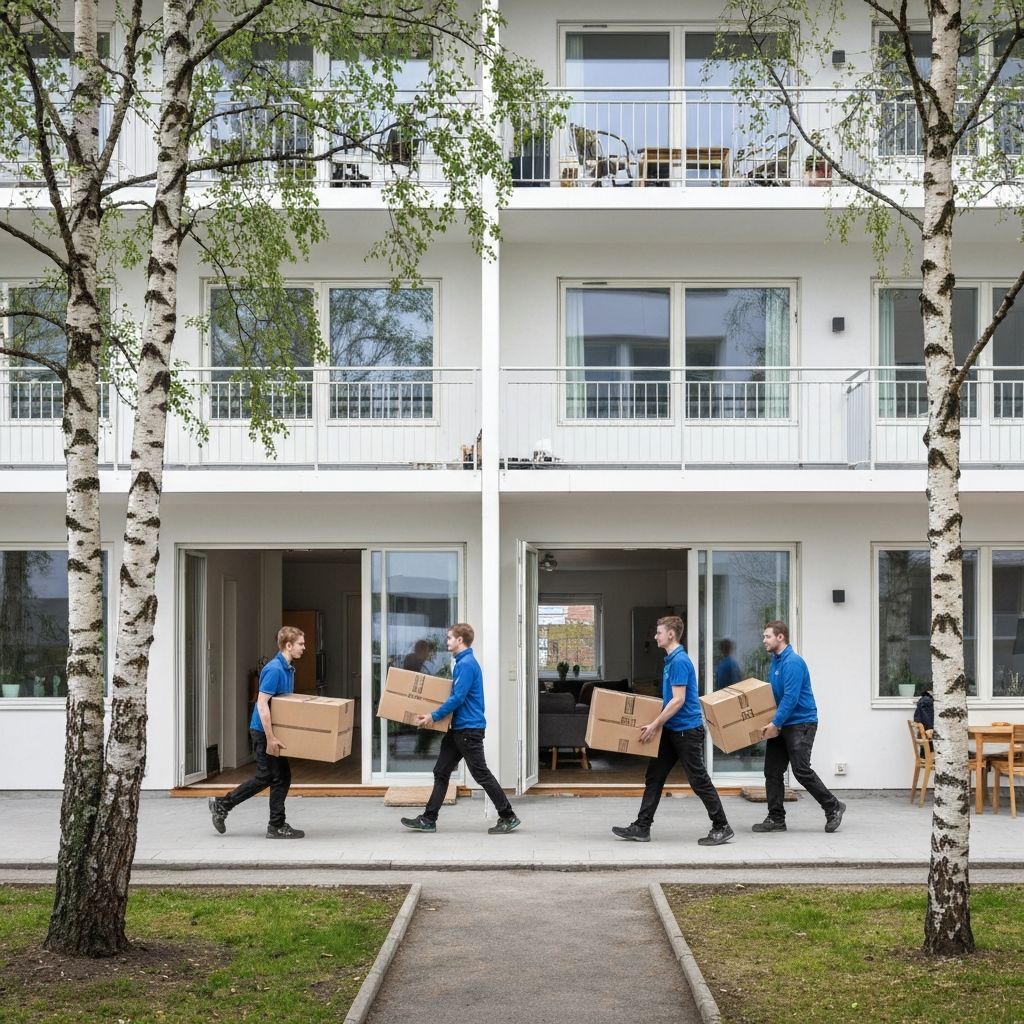 Profesjonelle flyttere bærer møbler i en norsk bolig