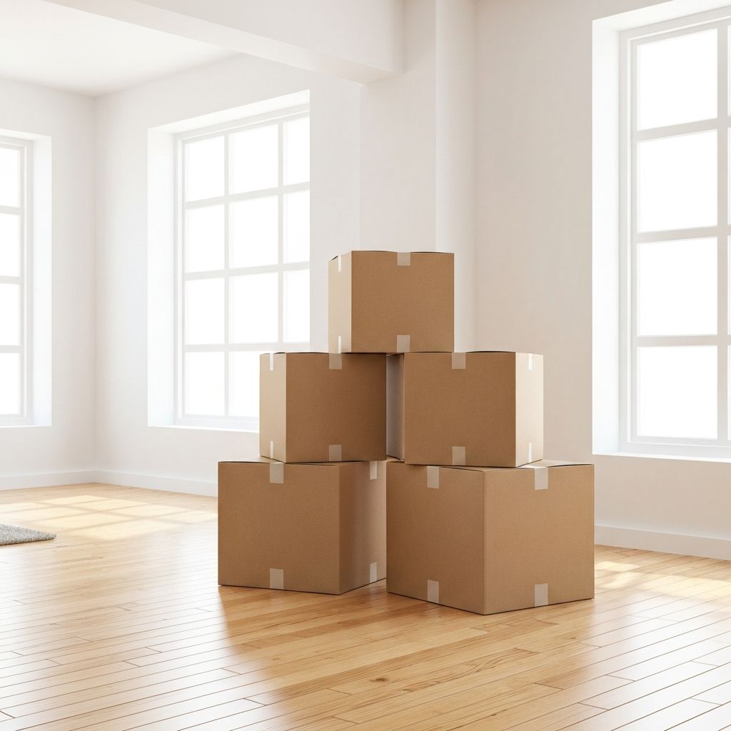 Pakkede esker i en lys skandinavisk stue